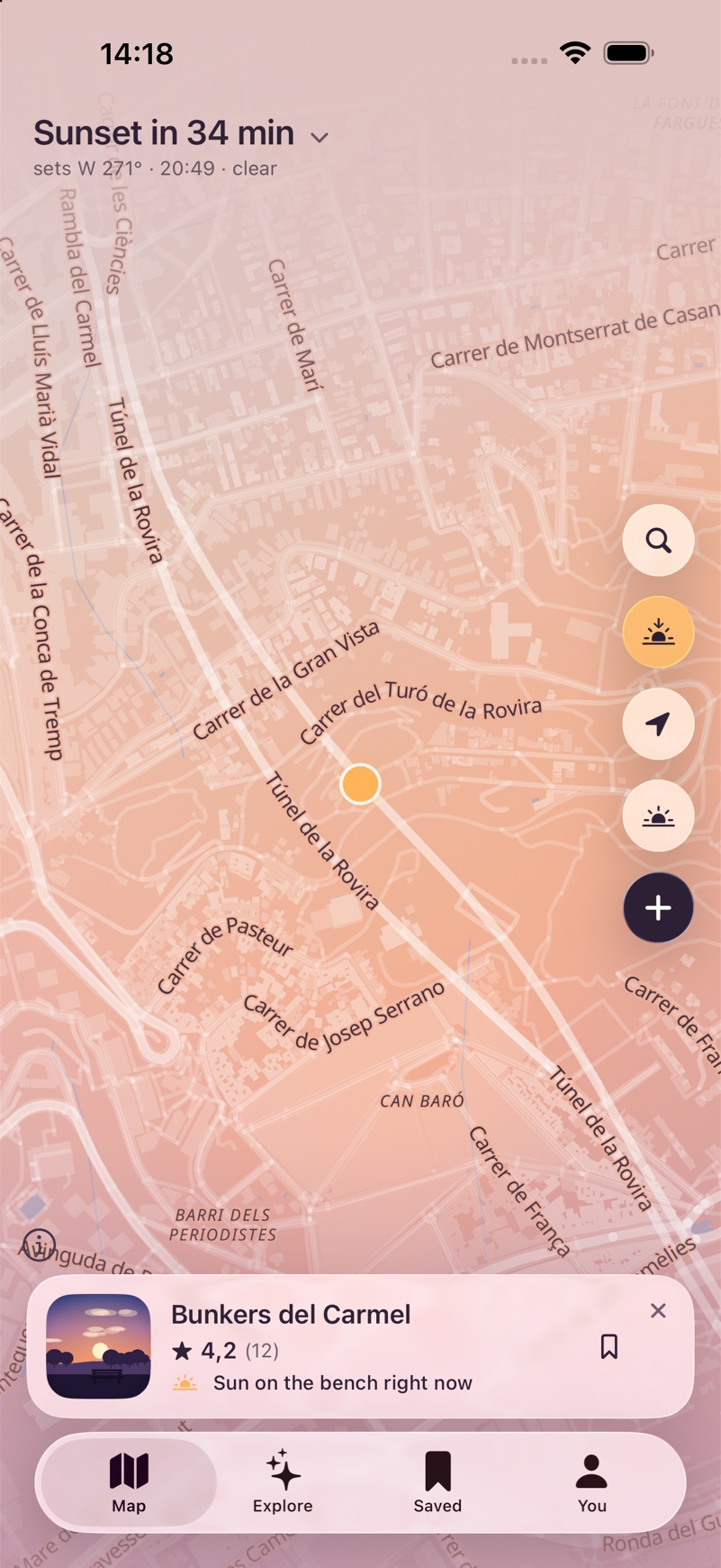 Bench Spotter map at golden hour: a selected bench, Bunkers del Carmel, and the sun on it right now