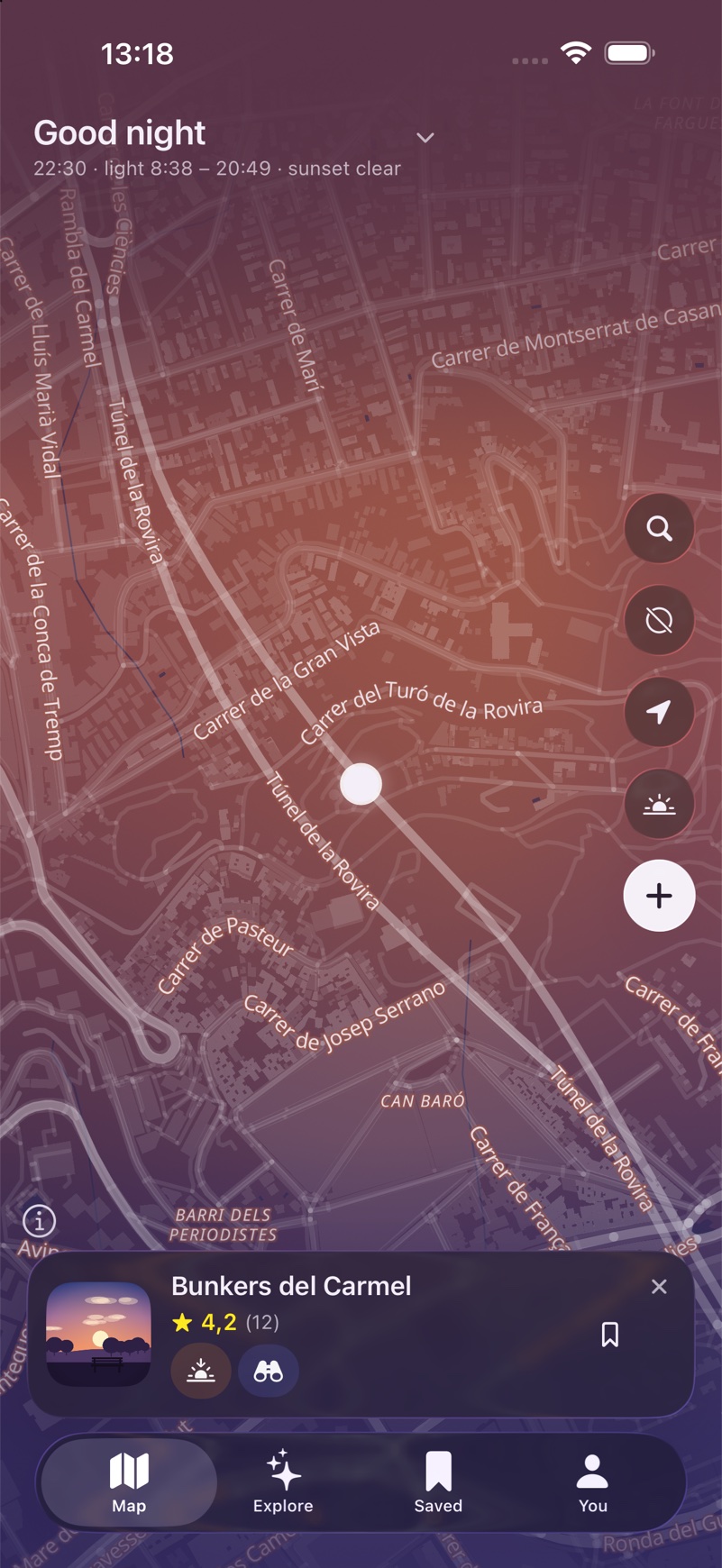The same map at night in the dark theme