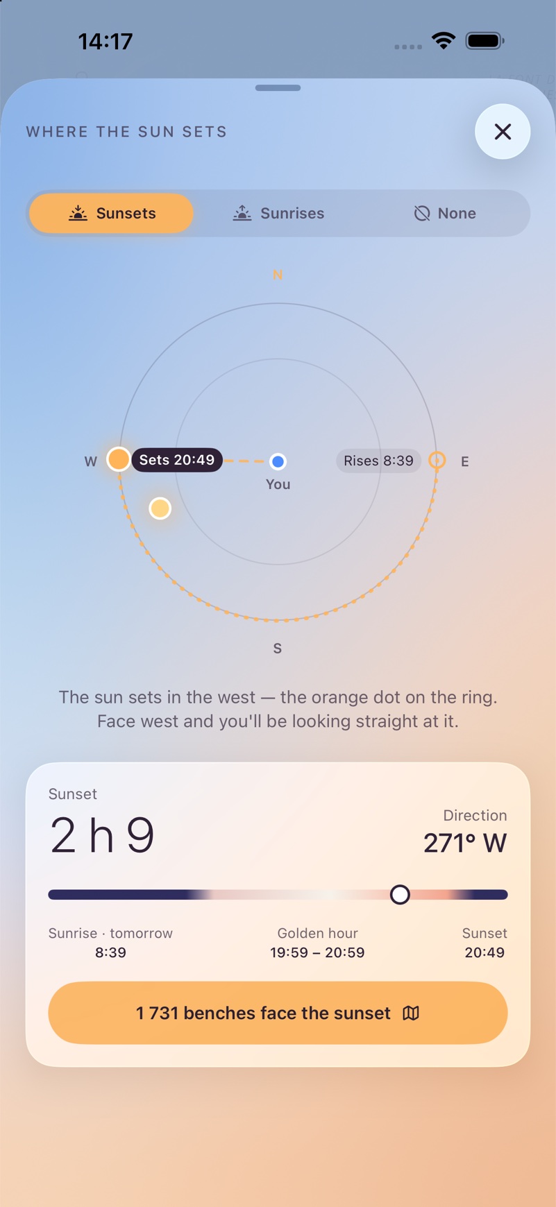 The sun today: a compass with sunrise and sunset, golden hour 19:59–20:59